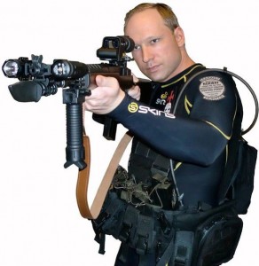 Anders Behring Breivik in diving suit with gun 