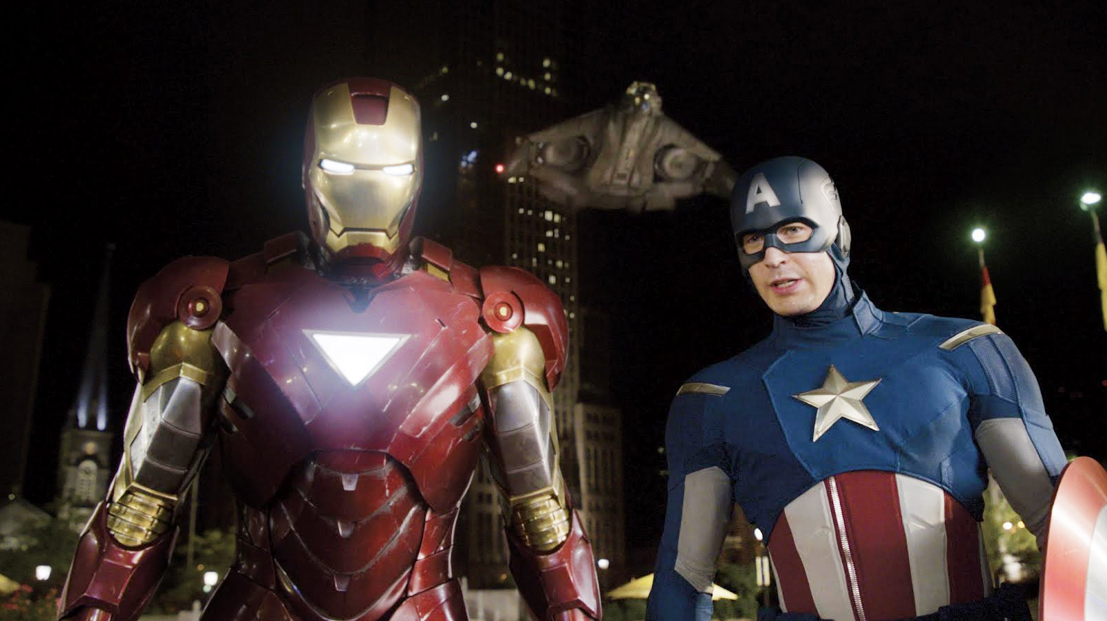 Captain America and Iron Man stand side-by-side after battling Loki in Avengers.
